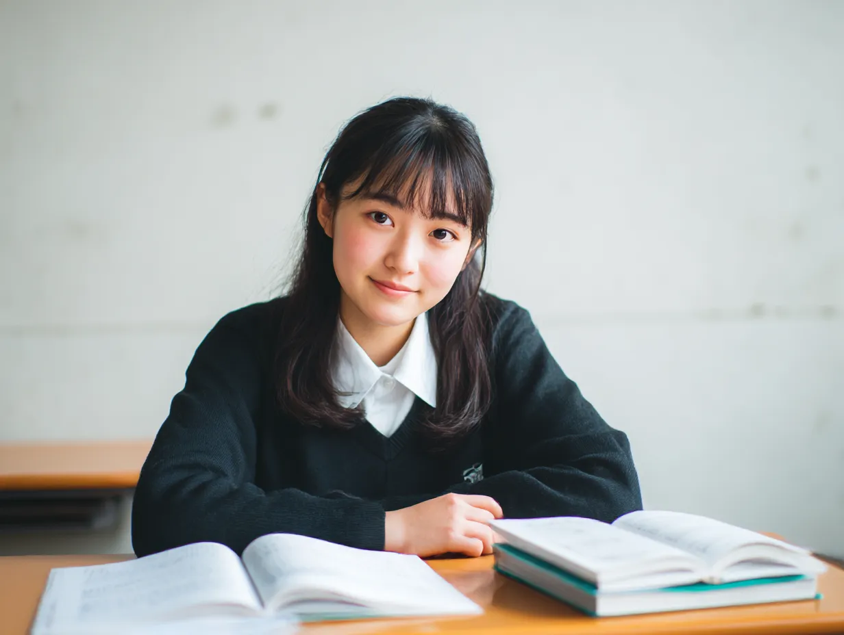 一緒に学ぶ眼鏡の塾女｜二人並んで教科書に目を落とす姿が落ち着いた知的な空気感を演出。塾女の真面目さが伝わるソフトな自然光が印象的な画面。