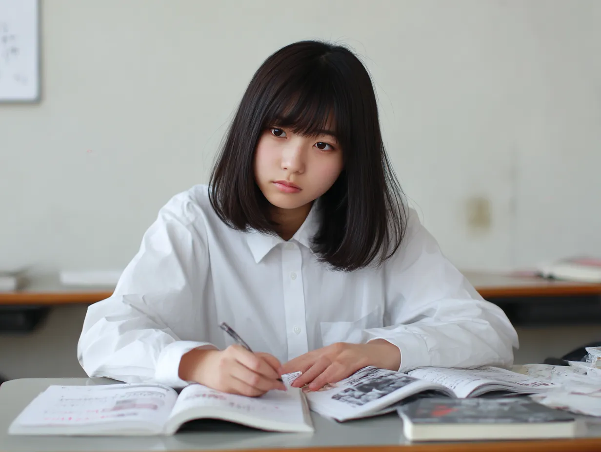 穏やかに微笑む制服塾女｜制服姿で机に向かう穏やかな表情に、塾女の努力と内面の充実感を感じさせる構成。シンプルな背景が主役を引き立てている。