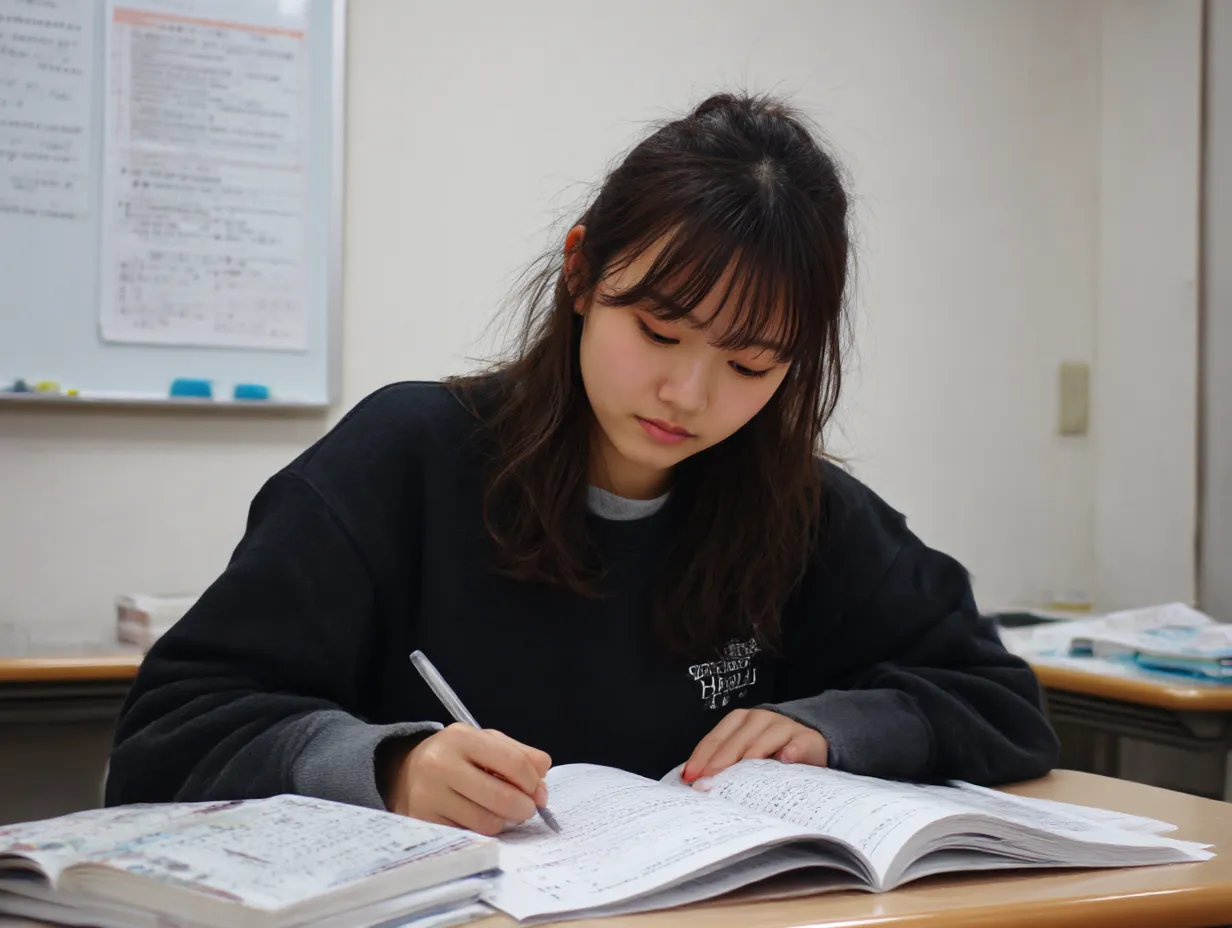 真剣な眼差しの塾女｜白シャツに映える漆黒の髪が印象的。無表情の中に強い意志を感じさせる塾女の姿を、静かな教室空間で印象深くとらえている。