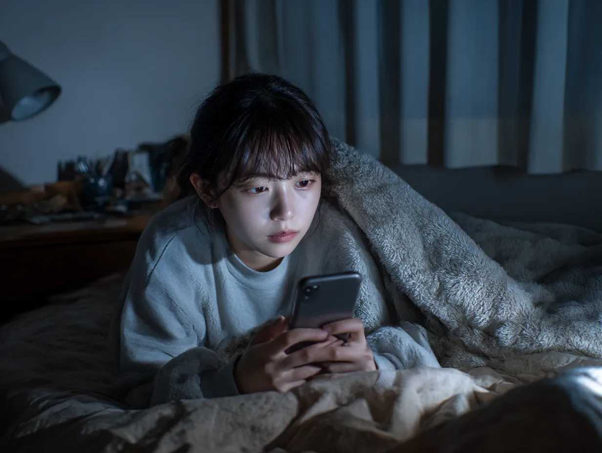 怠け者なスマホ中毒の女性｜毛布にくるまれた状態で深夜にスマホをじっと見つめる女性の姿。無気力な目元が、怠け者の静かな夜更かしスタイルを映し出している。