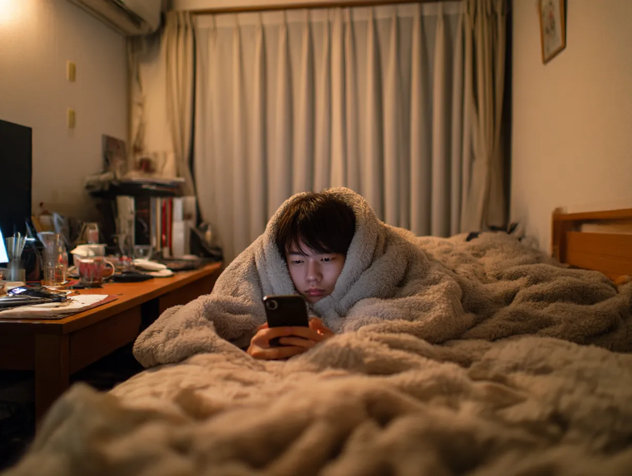 怠け者な布団の住人｜布団に全身を包み込みながらスマホを手放さない若者の姿。部屋の雑然さと無防備な体勢が、現代的な怠け者の生活感を感じさせる。