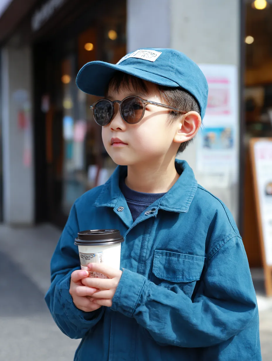 青いキャップのサングラス少年｜都会の街角でサングラスとホットドリンクを手にした少年が、青いキャップをおしゃれに着こなす。清潔感と洗練を感じさせる軽やかなストリート風の一枚。