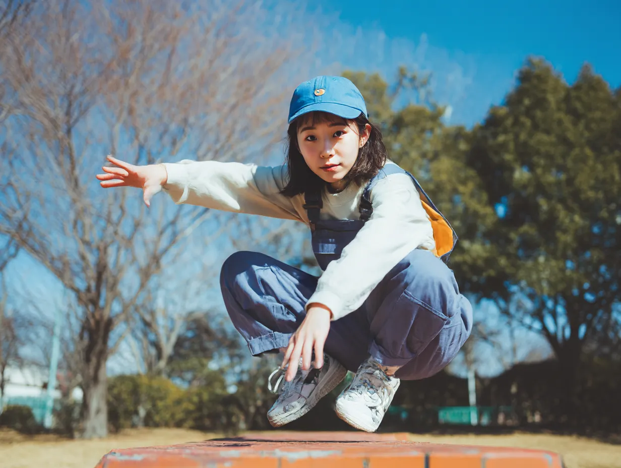 青いキャップのジャンプ少女｜レンガの台からジャンプする直前の姿を切り取った躍動感ある構図。動きの中で際立つ青いキャップが元気なアウトドア感を強調している。