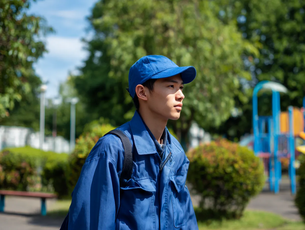 青いキャップの高校生｜青い作業服と青いキャップでまとめたコーデが、公園の自然の中で爽やかに映える。まっすぐな視線が印象的なドキュメンタリータッチの写真。