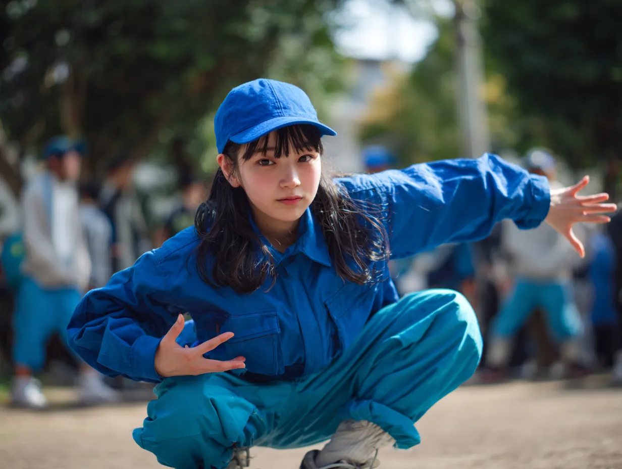 青いキャップのストリート少女｜仲間が集まる広場の中で、一人構えを取る少女の姿が印象的。青いキャップと全身の動きがリンクし、軽快さと強さが同居したエネルギッシュな描写。