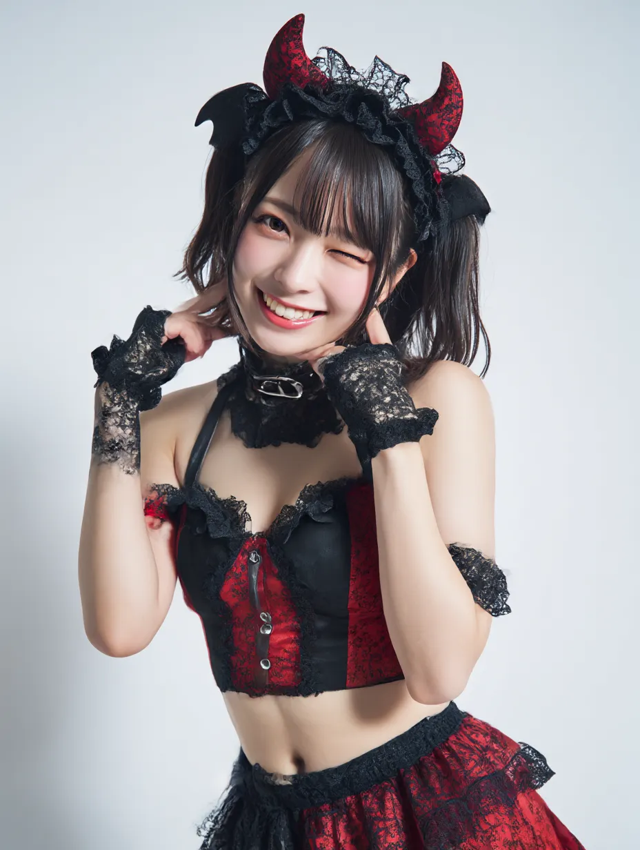小悪魔なウィンクガール｜赤と黒のコントラストが印象的な衣装に、ツインテールと笑顔のウィンクが映える小悪魔スタイル。レースや角が遊び心を加えたポップでキュートな雰囲気。
