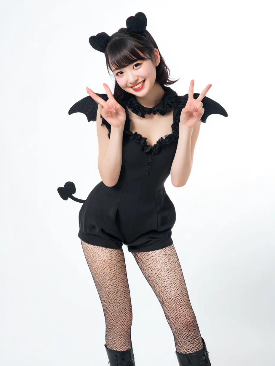 小悪魔なピースポーズ女子｜ハート型の角と黒の衣装でまとめた可愛らしい小悪魔コーデ。軽やかなポーズとピースサインが全体に明るさを加え、親しみやすいチャーミングさを演出。