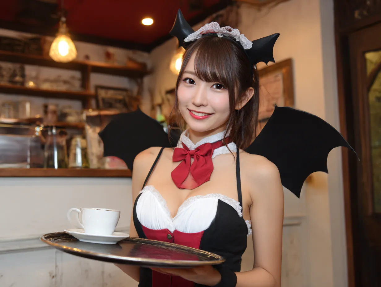 小悪魔なメイドカフェ店員｜赤いリボンと黒い翼が特徴的な衣装で、メイド風の小悪魔がカフェで微笑む一枚。柔らかな照明が雰囲気を優しく包み、非日常感を際立たせている。