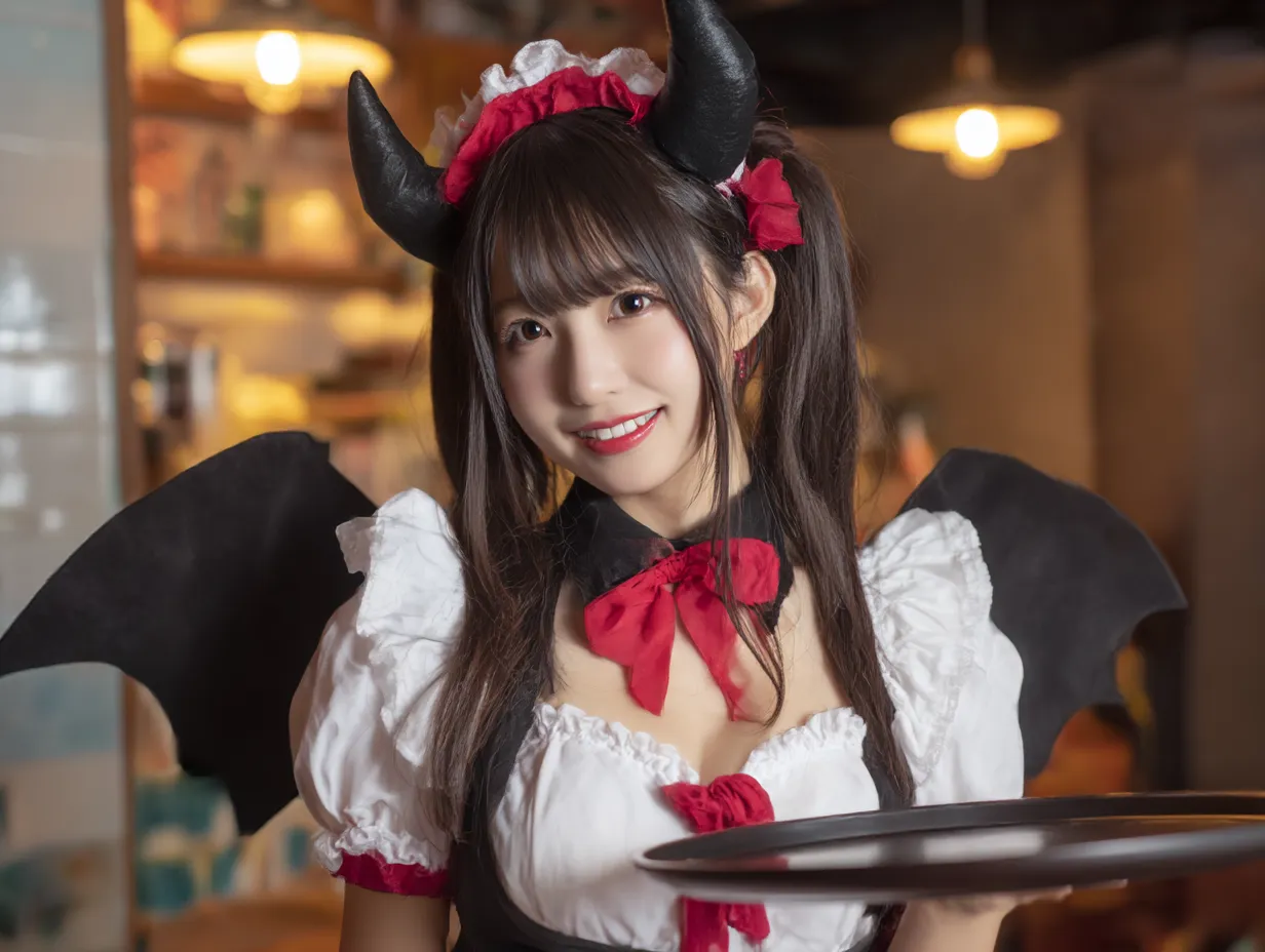 小悪魔なロリータ風ウェイトレス｜ふわっと広がる白黒赤の衣装にツインテールと大きな角が映えるクラシカルな小悪魔。カフェの温かみある背景が妖精的な印象を強めている。