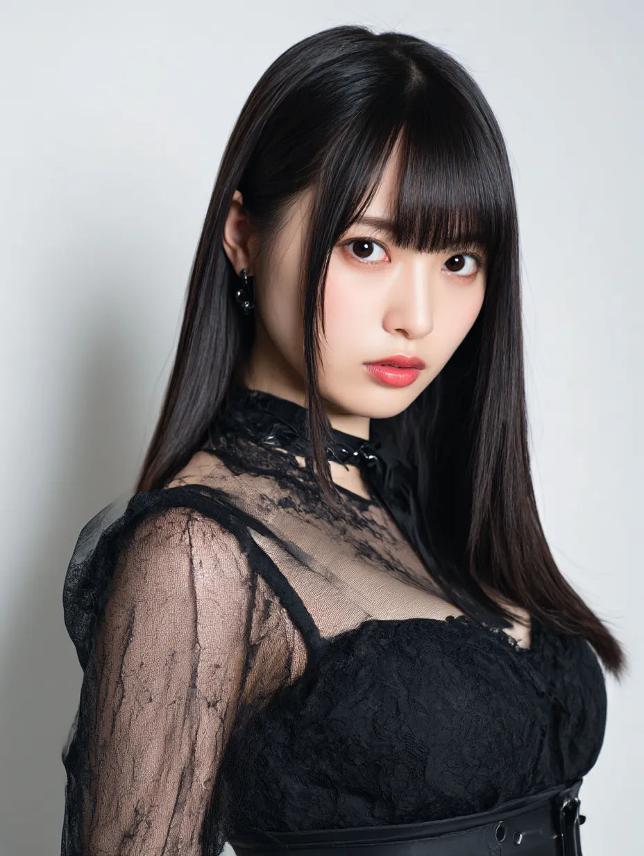 黒レース衣装のアイドル｜透け感ある黒レースの衣装に、ストレートなロングヘアと鋭い視線が印象的。都会的で洗練された雰囲気を纏い、大人びたアイドルの魅力を静かに放っている。