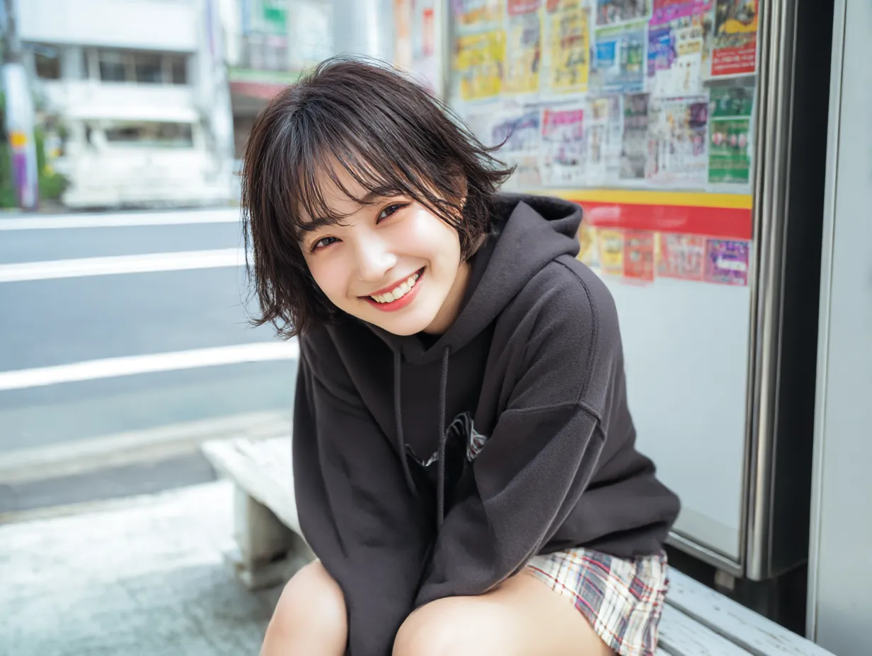 笑顔のストリート系アイドル｜駅前でフーディー姿のアイドルが満面の笑顔を見せる一瞬をキャッチ。カジュアルで親しみやすいスタイルが、自然体の魅力を引き立てる構成になっている。