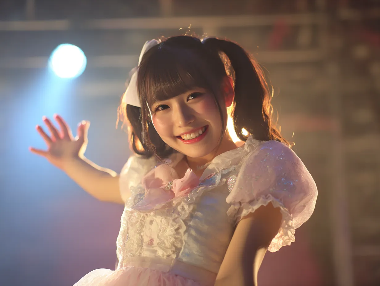 ステージに立つ姫系アイドル｜ピンクのフリル衣装に包まれたアイドルがライトを浴びながら躍動する。柔らかな光とツインテールが映える、夢のようなアイドルの世界観を表現。