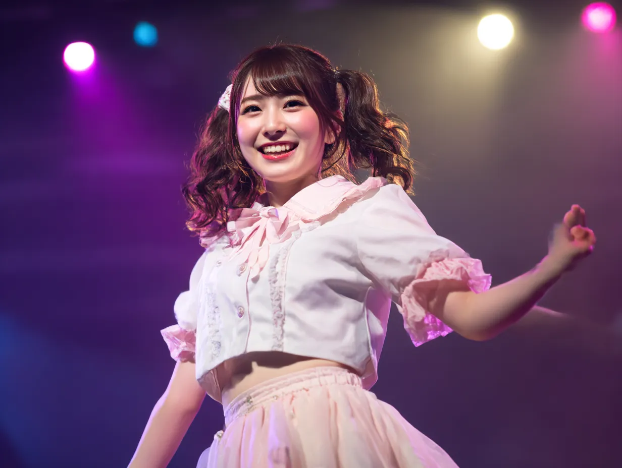 ピンク衣装のソロアイドル｜柔らかなパステルライトに包まれて微笑む姿が、会場全体を明るくする存在感を放つ。甘めな衣装とライブ感のある構図で、アイドルらしさが溢れている。