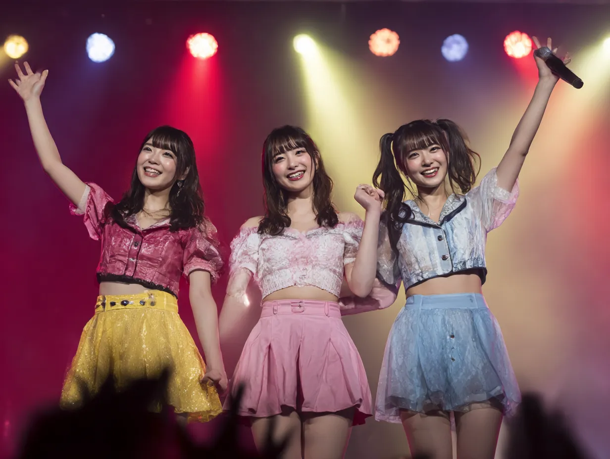 ユニットライブのアイドルたち｜3人のアイドルが色とりどりの衣装で手を取り合い、ステージのクライマックスを迎える。笑顔とスポットライトが感動的な一体感を生むライブショット。