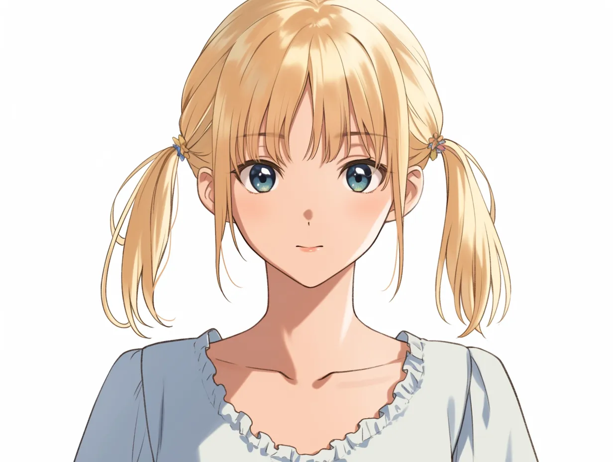 フリル服の金髪ツイン女子アップ｜やさしい色合いのフリル服に金髪ツインテールを組み合わせたアップ構図。清楚でふんわりとした癒し系の雰囲気。