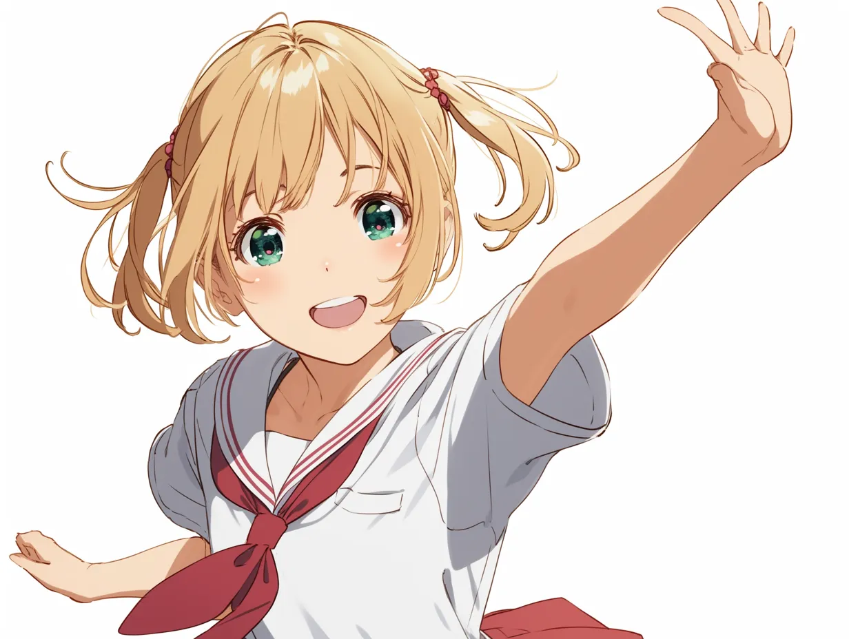 ジャンプする金髪ツインの元気娘｜セーラー服姿で元気に手を伸ばす金髪ツインテールの女の子。明るく弾ける動きと笑顔が印象に残る、活発な構成。