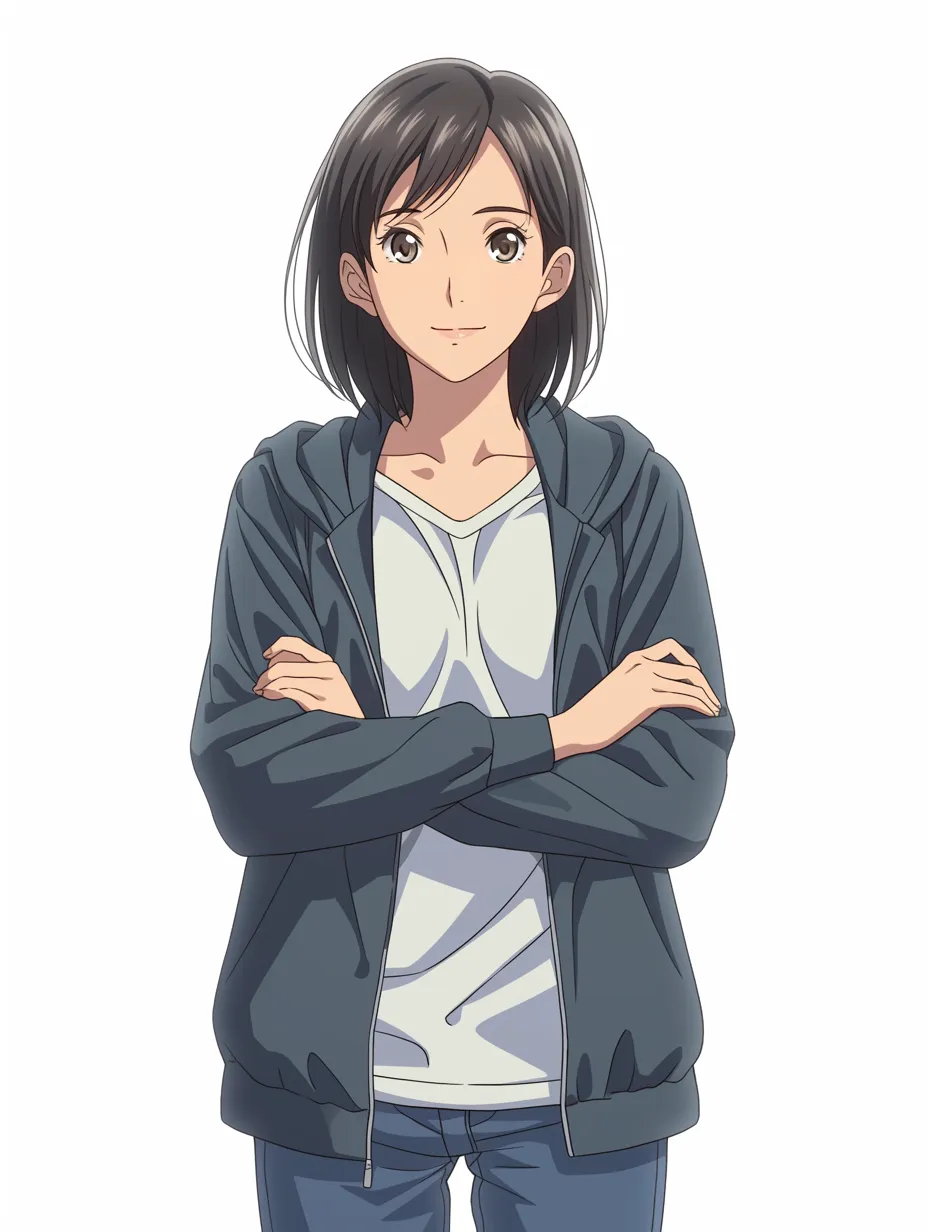 ボーイッシュ女子・フードジャケット姿｜落ち着いた色味のフード付きジャケットにインナーTシャツを合わせた、すっきりとしたボーイッシュ女子。素朴な笑顔と清潔感ある配色が柔らかな親しみを与えます。カジュアルながら芯のある雰囲気が魅力です。