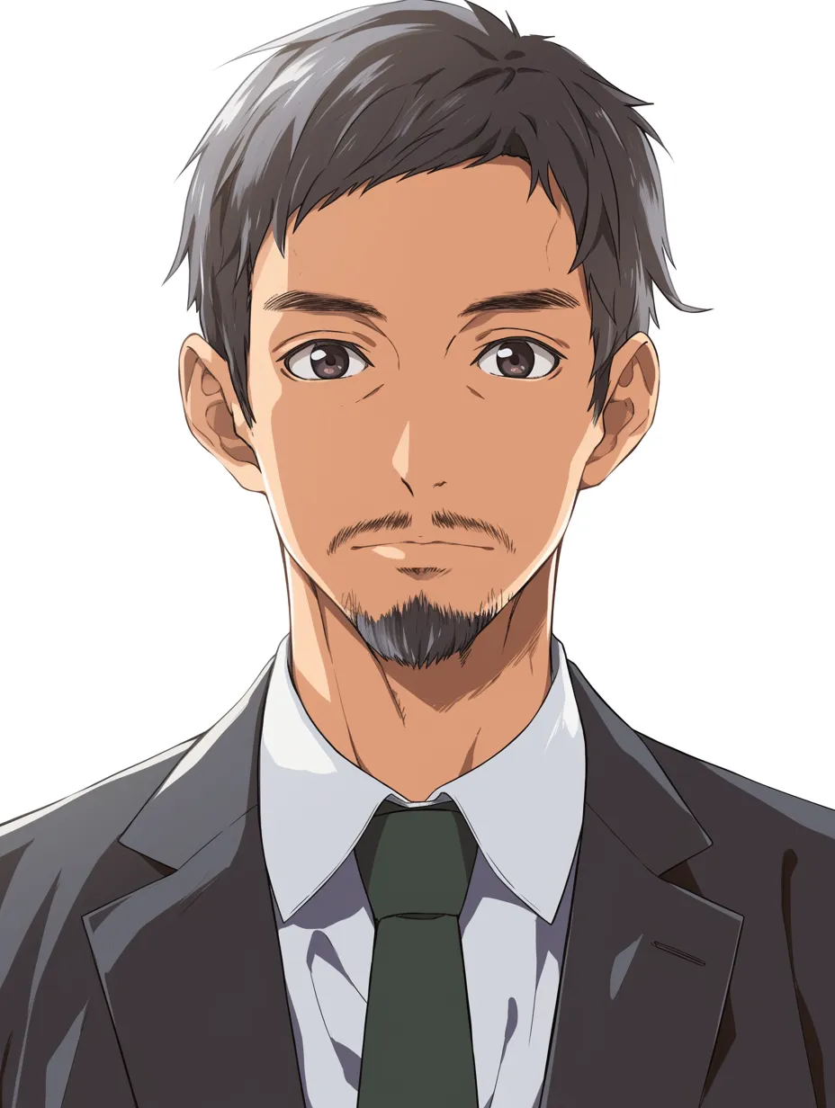 髭のスーツ男性の正面ポーズ｜正面から堂々と見据える髭の男。端正なスーツと整った髭が重厚感を生み、信頼や品格を感じさせるキャラクター像。