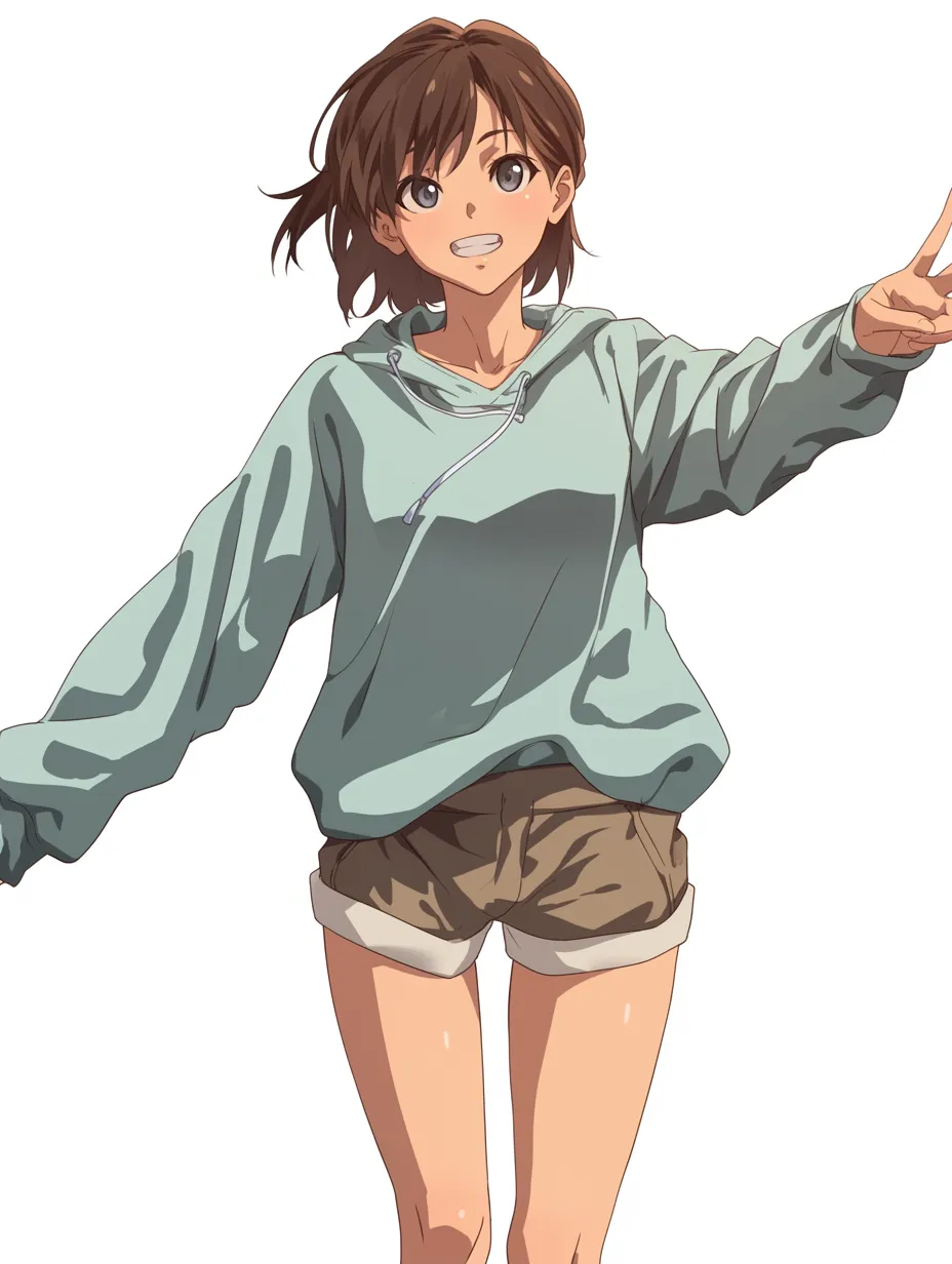 ボーイッシュ女子・元気ピースポーズ｜ラフなパーカーにショートパンツ、元気いっぱいのピースサインが印象的なボーイッシュ女子。明るく跳ねる髪型や開放感ある動きが、快活で親しみやすいキャラクター像を際立たせています。