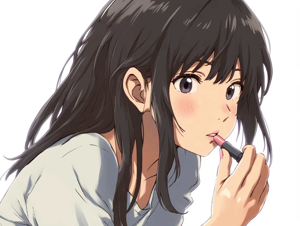 メイク中の女子・リップを引く瞬間｜やや緊張気味な表情でリップを引く姿が印象的なイラスト。柔らかい色使いと繊細な筆致が、内面の繊細さと真剣な雰囲気を丁寧に映し出しています。メイクというテーマの魅力が伝わる構図です。
