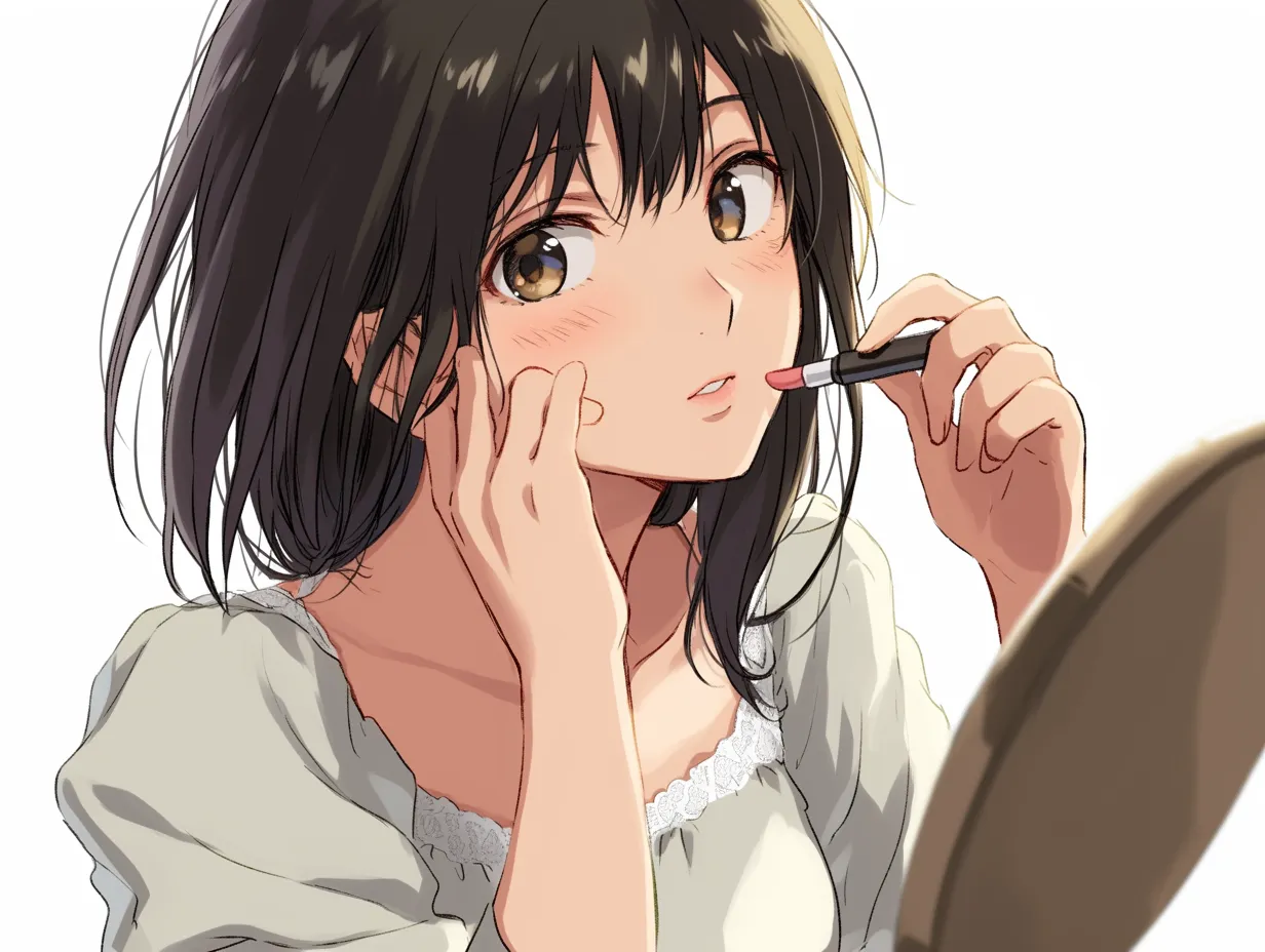 メイク中の女子・鏡越しの視線｜鏡越しにこちらを見つめながらチークとリップを整える様子が描かれた一枚。自然光を意識した柔らかな光と影の演出が、メイク中の静かな時間と柔和な空気感を美しく表現しています。