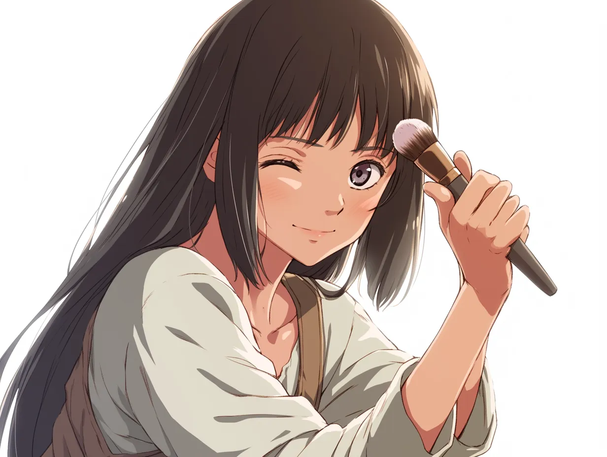 メイク中の女子・ウィンクで遊び心｜ウィンクしながらブラシを頬に当てる仕草が元気で愛らしいイラスト。日常の中のメイク時間に少しだけ遊び心を添えた構図で、リラックスした雰囲気と親しみやすさが魅力となっています。