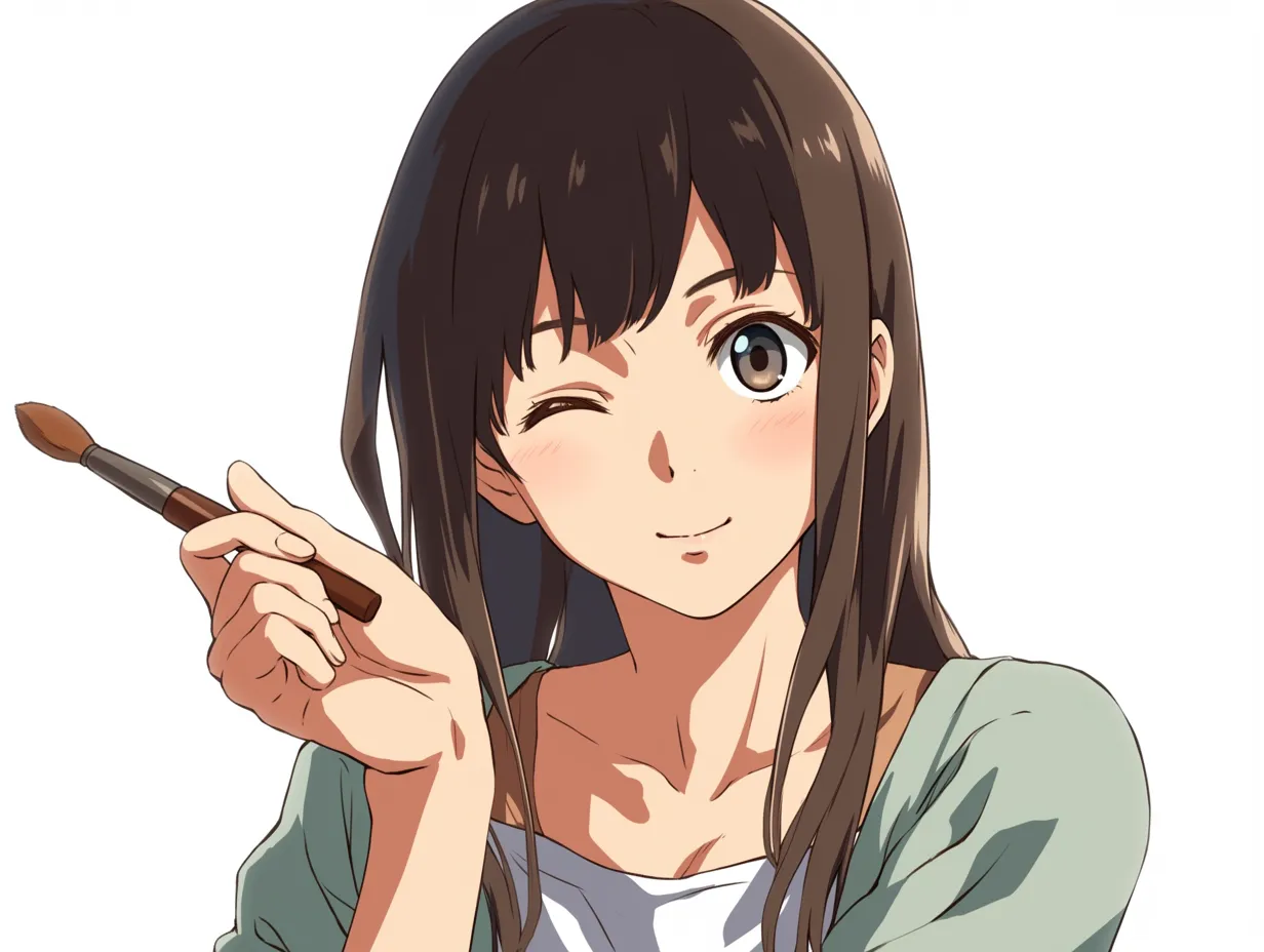 メイク中の女子・自然体の笑顔｜ふんわりとした微笑みに合わせてチークブラシを構える仕草が印象的。柔らかく落ち着いた色調と自然体の表情が、肩の力が抜けたリラックスしたメイク風景をやさしく描き出しています。