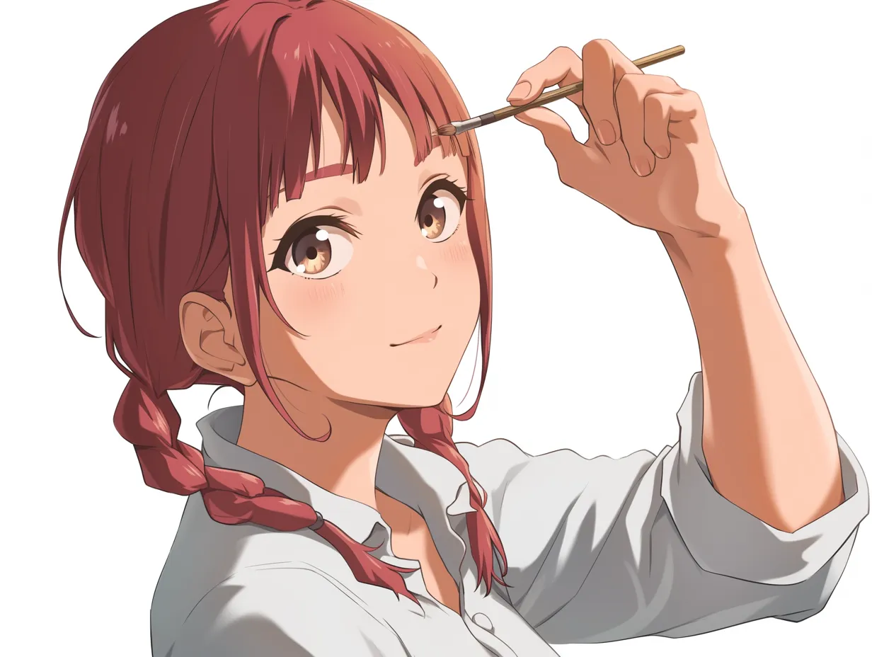 メイク中の女子・編み髪と凛とした視線｜三つ編みの髪型と端正な表情で眉メイクに集中する様子が描かれたイラスト。光沢感のある発色や丁寧なディテールが、メイクという行為に込められた凛とした意志を際立たせています。