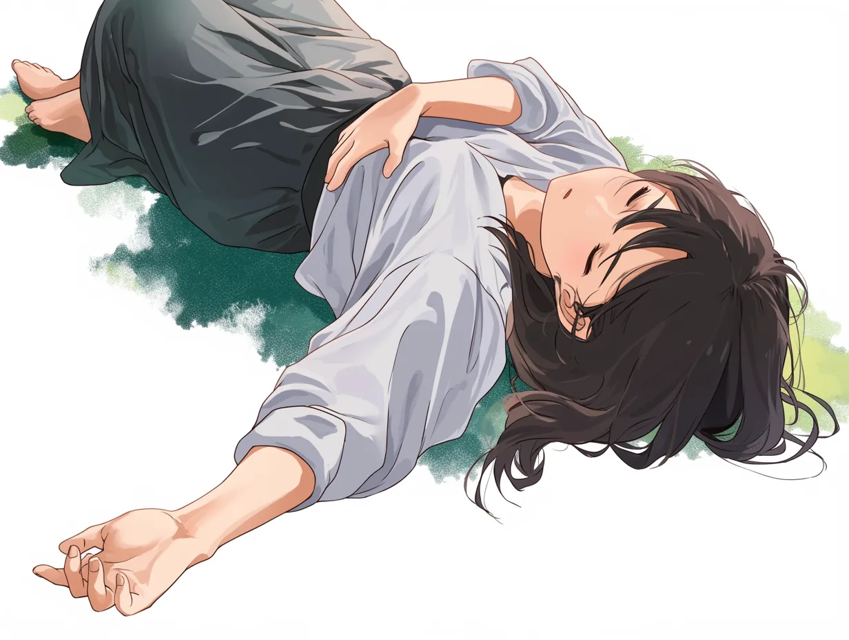 路上寝女性・草の上で無防備に眠る｜緑の草に包まれた場所で、手足を自然に投げ出して眠る女性。風に揺れる髪や柔らかい服の質感が、無防備ながら穏やかな時間の流れを感じさせる「路上寝女性」のワンシーンです。