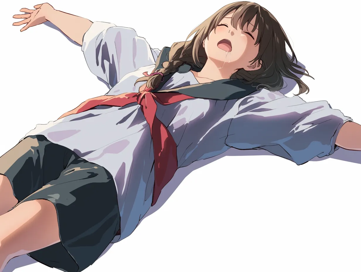 路上寝女性・制服姿で豪快に眠る｜セーラー服に短パン姿、両手を広げて豪快に眠る様子が印象的。よだれを垂らす無防備さが、元気いっぱいな日常の延長にある「路上寝女性」のリアリティを感じさせます。