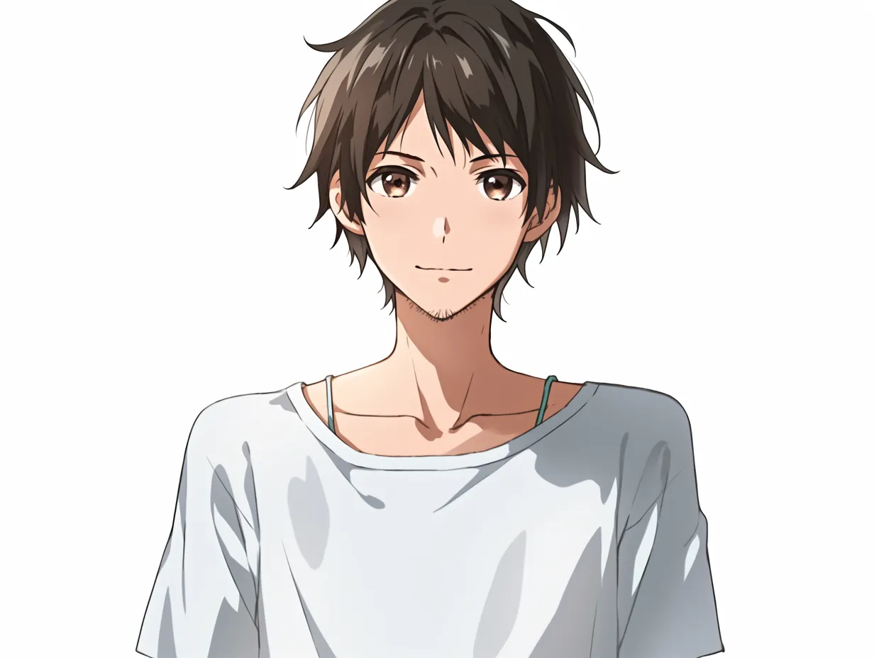 ラフ髭男子の微笑みアップ｜白Tシャツで気負わずに微笑む青年。ラフな服装と髭のアンバランスさがナチュラルな個性を引き立て、親しみやすさを演出。