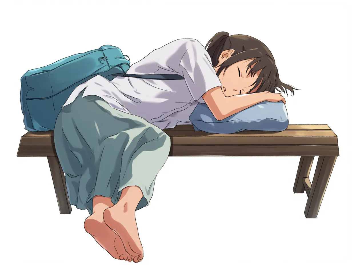 路上寝女性・木製ベンチで安眠中｜木製ベンチにうずくまるように眠る女子学生。リュックを背にして膝を抱える姿は、どこか守ってあげたくなるような「路上寝女性」の儚げな雰囲気を映し出しています。