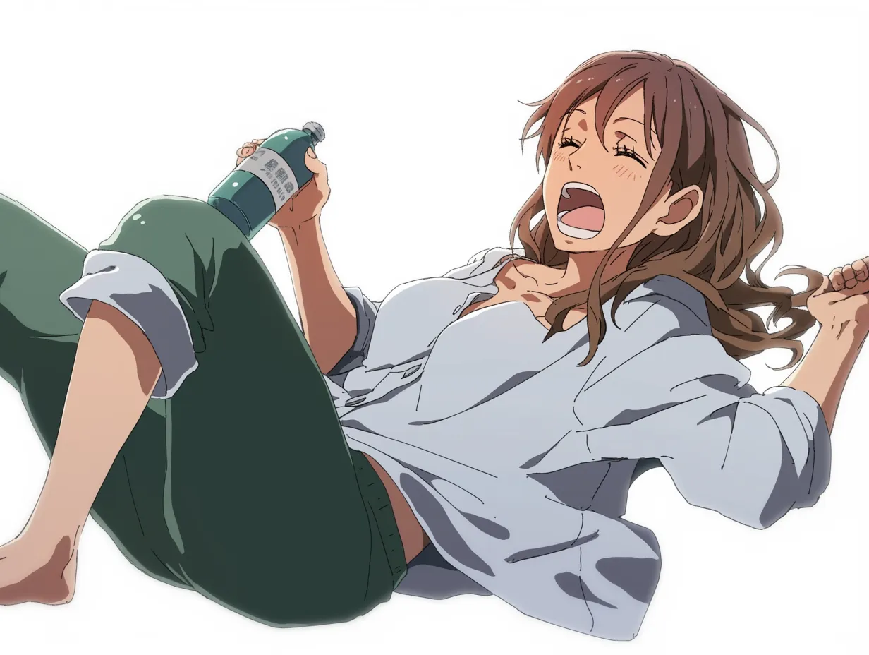 酔っ払い女性・豪快に笑う姿が魅力｜勢いよく笑いながら体を倒す酔っ払い女性の一瞬。表情とポーズのバランスに元気さが溢れ、場の盛り上がりを象徴するような陽気さがにじむ爽快な酔っ払い描写です。