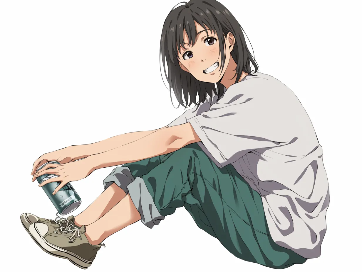 酔っ払い女性・無邪気な座り笑顔｜足を投げ出して缶を持つ、無防備で柔らかな笑顔の酔っ払い女性。肩の力が抜けた自然体の仕草が親しみやすく、若々しいリラックス感に癒やされる一枚です。
