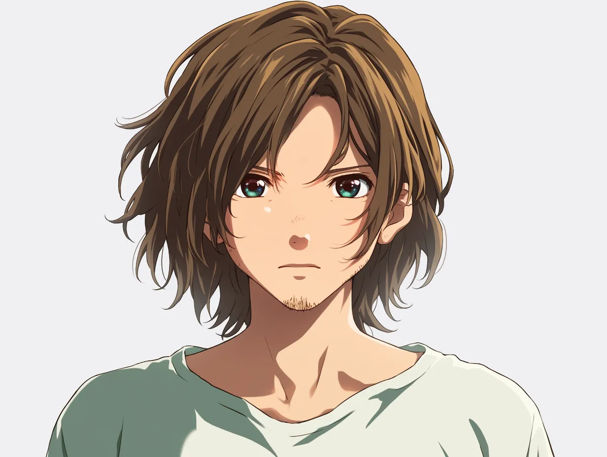 無精髭青年の静かな眼差し｜やや長めの髪と無精髭が印象的な青年。まっすぐな眼差しが内面の強さを表し、繊細な心の輪郭を浮かび上がらせる構成。