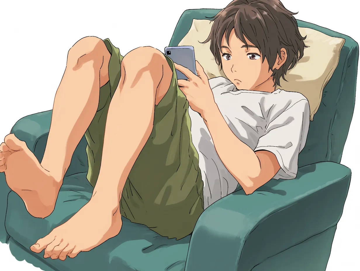 怠け者男子・ソファでスマホごろ寝｜ソファに深く座り込み、スマホに夢中な怠け者男子。足を無造作に投げ出した姿勢と集中する表情のギャップが、だらけながらも現代的な空気を漂わせます。