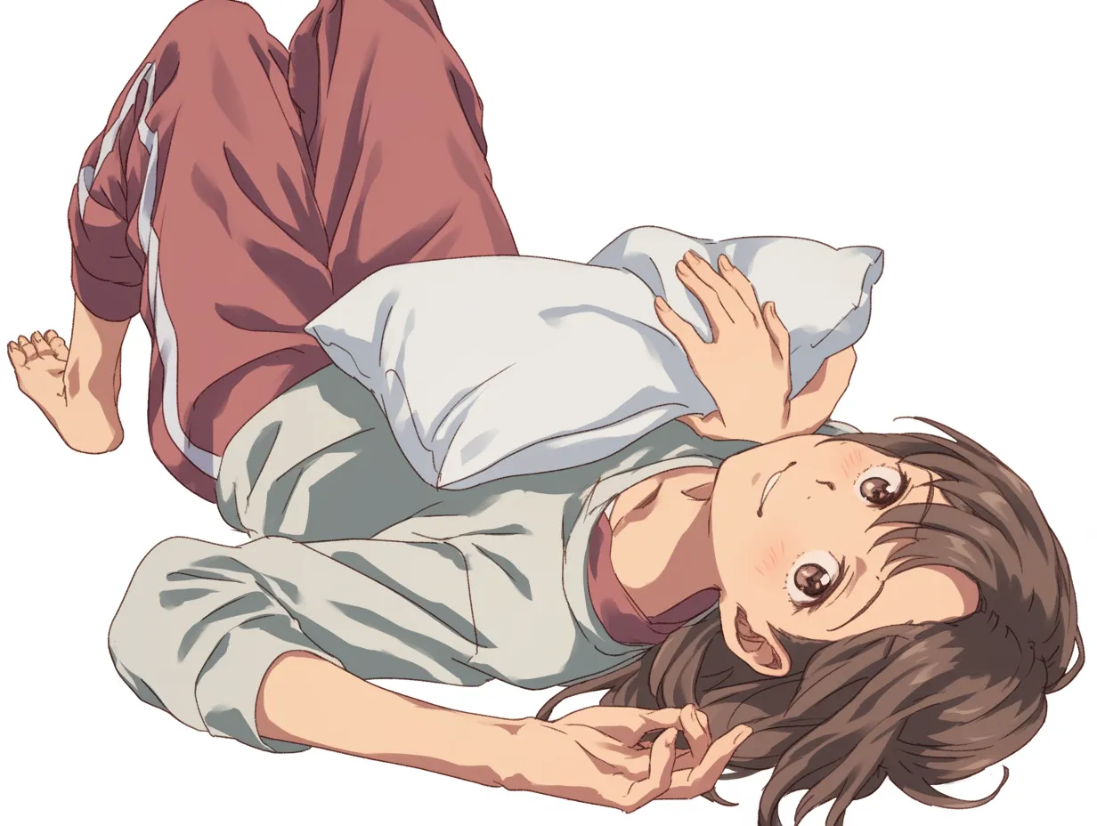 怠け者女子・枕を抱えてごろ寝中｜枕を抱きながら仰向けになり、どこかぼんやりとした表情の怠け者女子。緩めのジャージと脱力感あるポーズが、完全オフの時間を象徴しています。