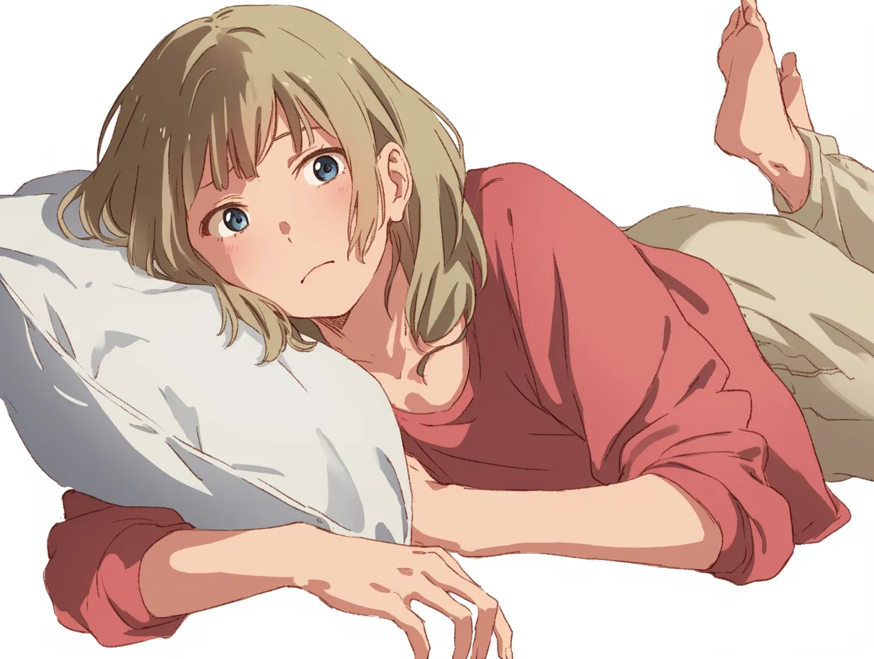 怠け者女子・ベッドでまどろむ横顔｜枕に頬を寄せ、無気力な視線を漂わせる怠け者女子。シンプルな部屋着と柔らかいライティングが、眠気と静寂のひとときを優しく描き出しています。
