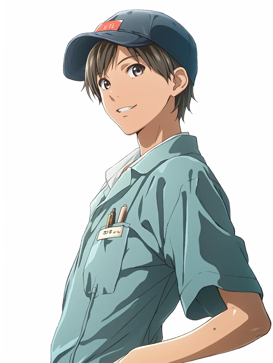 青いキャップ男子・工具服スタイル｜明るい表情が印象的な整備服姿の男子。胸ポケットに差したペンや名札がアクセントとなり、青いキャップと相まって、爽やかで誠実な雰囲気を放っています。