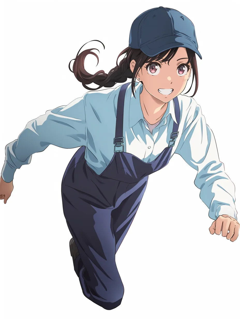 青いキャップ女子・笑顔でダッシュ｜活発なポーズと前向きな笑顔が印象的な女子。ツナギとキャップが機能的で、青いキャップが全体の統一感と元気な印象を引き締めています。