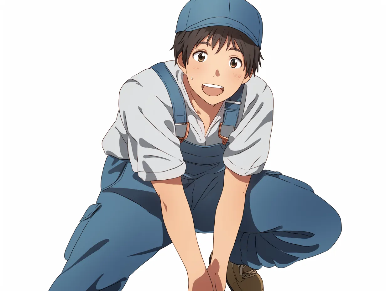 青いキャップ男子・しゃがみ笑顔ポーズ｜親しみやすい表情でしゃがみながら笑う男子。作業着と青いキャップがアクティブな印象を生み、日常の現場での一コマを柔らかく切り取っています。