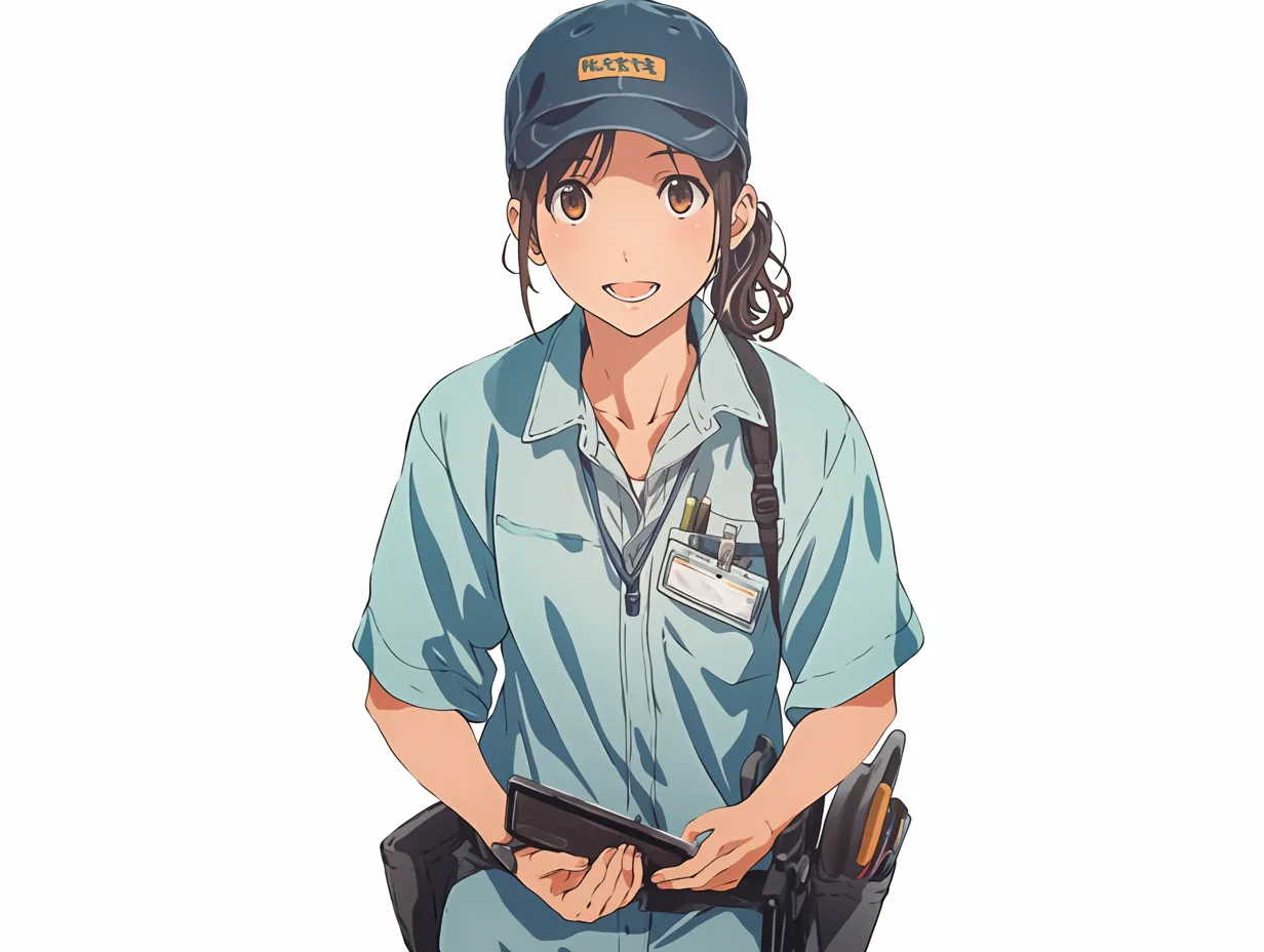 青いキャップ女子・道具を持つ作業員｜腰にツールを装備し、手には端末を持った作業中の女子。真剣さと笑顔が共存する姿に、青いキャップが全体の印象をキリッと引き締めています。