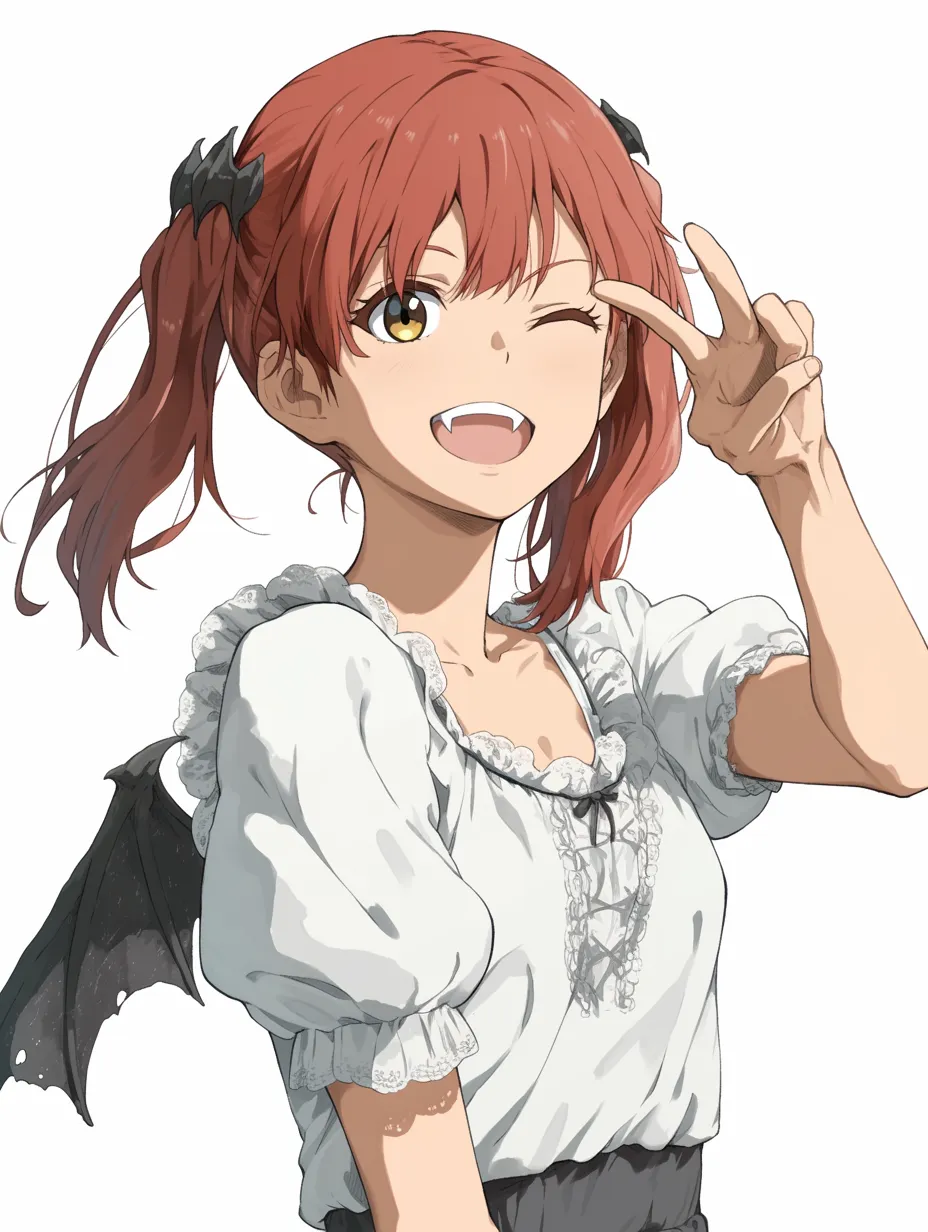 小悪魔女子・ウインクでピース｜大きなウインクとピースポーズが可愛い小悪魔女子。コウモリ羽と八重歯がアクセントになり、いたずらっぽさと元気さを両立させた魅力的な表情です。