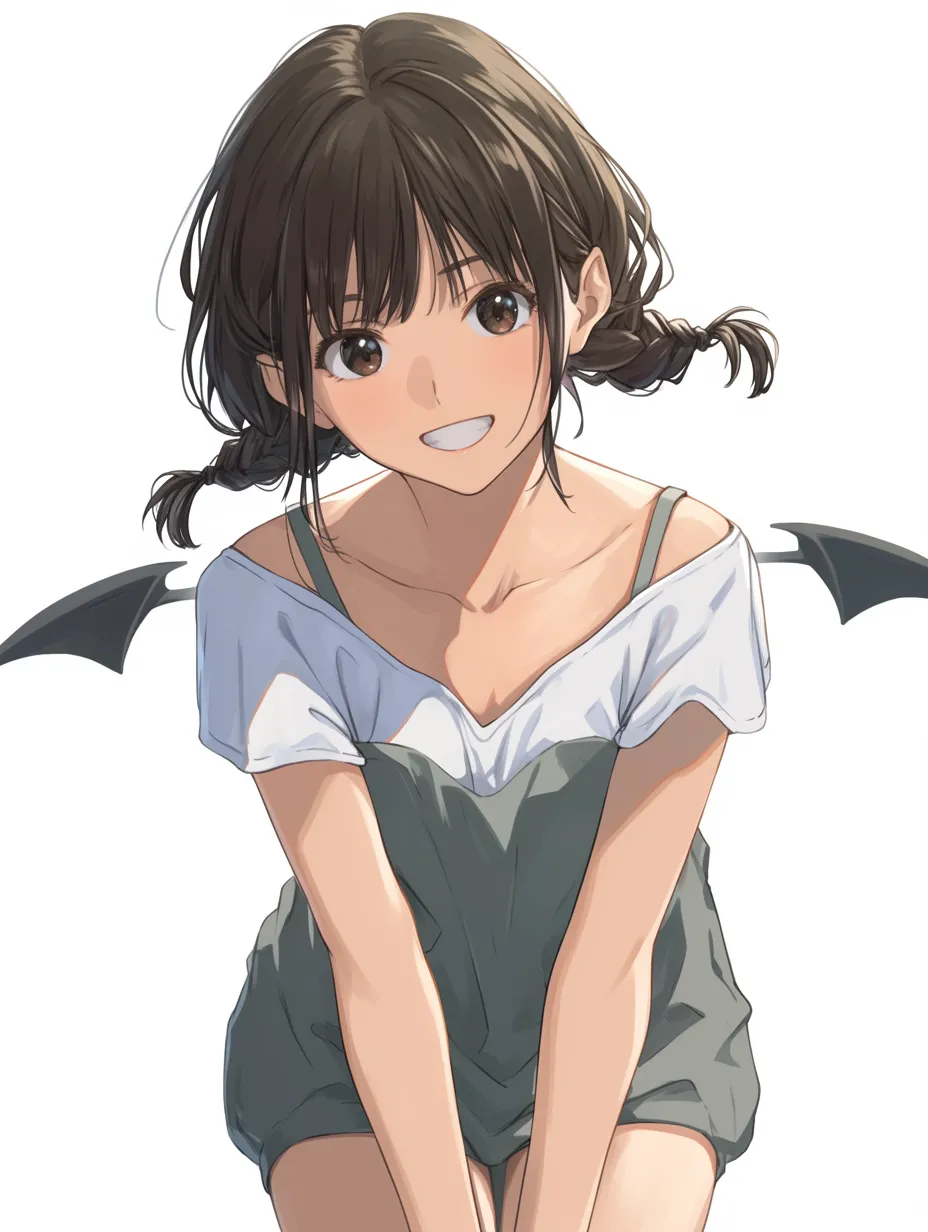 小悪魔女子・ツイン編みでほほえみ｜控えめな笑顔と前かがみのポーズが愛らしい小悪魔女子。くせ毛風のツイン編みとさりげない羽が、少女らしい素朴な可愛さを引き立てています。