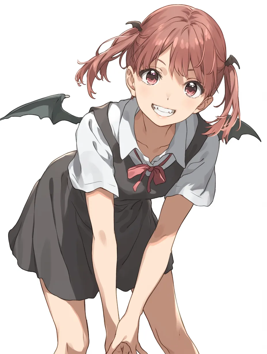 小悪魔女子・制服でいたずらスマイル｜制服姿で屈みながら笑う姿に、小悪魔らしい人懐っこさと元気さがにじみます。ツインテールと小さな黒い羽根がキャラ性を強調しています。