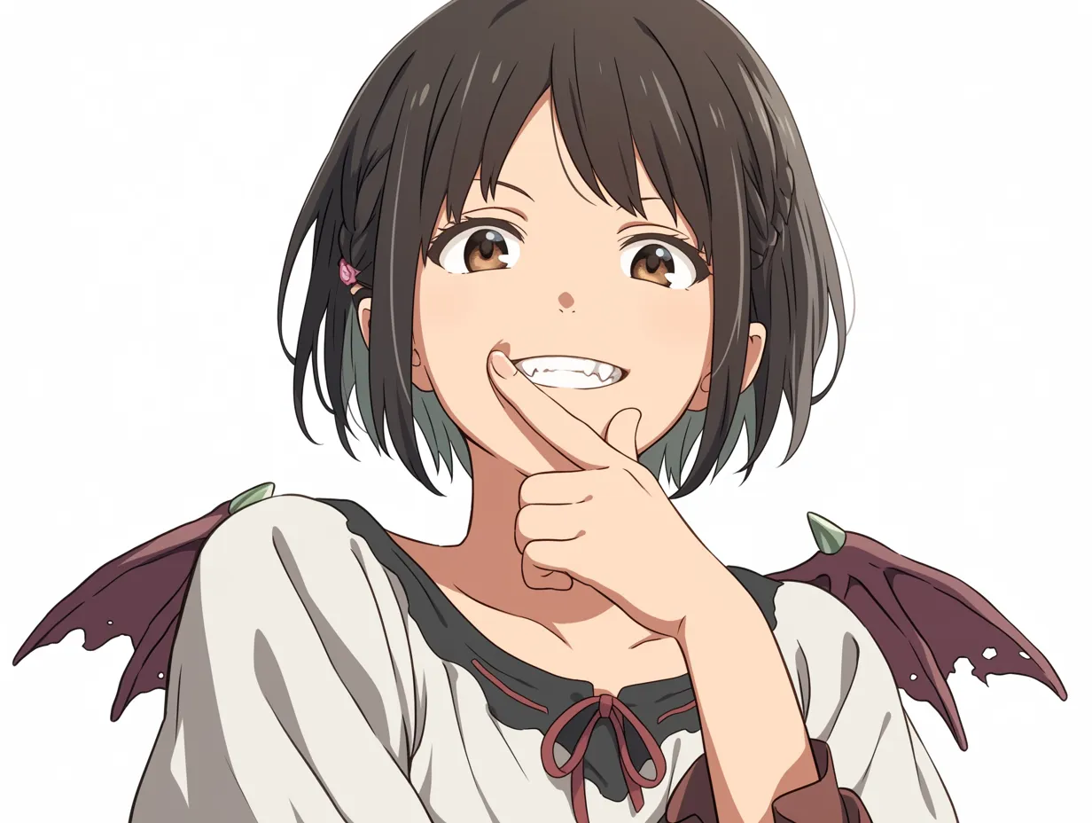 小悪魔女子・口元に手を添えるポーズ｜ニヤッと笑いながら顎に手を添えた小悪魔女子。編み込みの髪とレース風の服がややアンティーク調で、いたずら好きな知的雰囲気を演出しています。