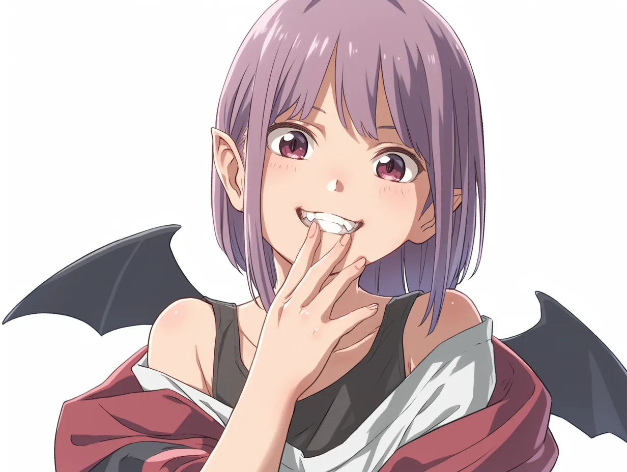 小悪魔女子・いたずら笑顔と牙チラ見せ｜紫髪のショートヘアと露出の高い服装が特徴の小悪魔女子。指先で口元を隠しながらのぞかせる八重歯と目線に、小悪魔らしい色気と茶目っ気が漂います。