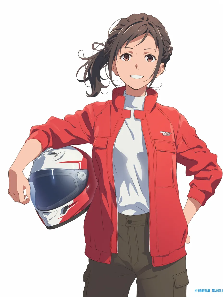 戦隊ヒロイン・爽快スマイル隊員｜明るく前向きな表情が印象的な女性キャラ。赤いジャケットとヘルメットを片手にした姿が快活で、チームに元気を与える「戦隊ヒロイン」のムードメーカー的存在。