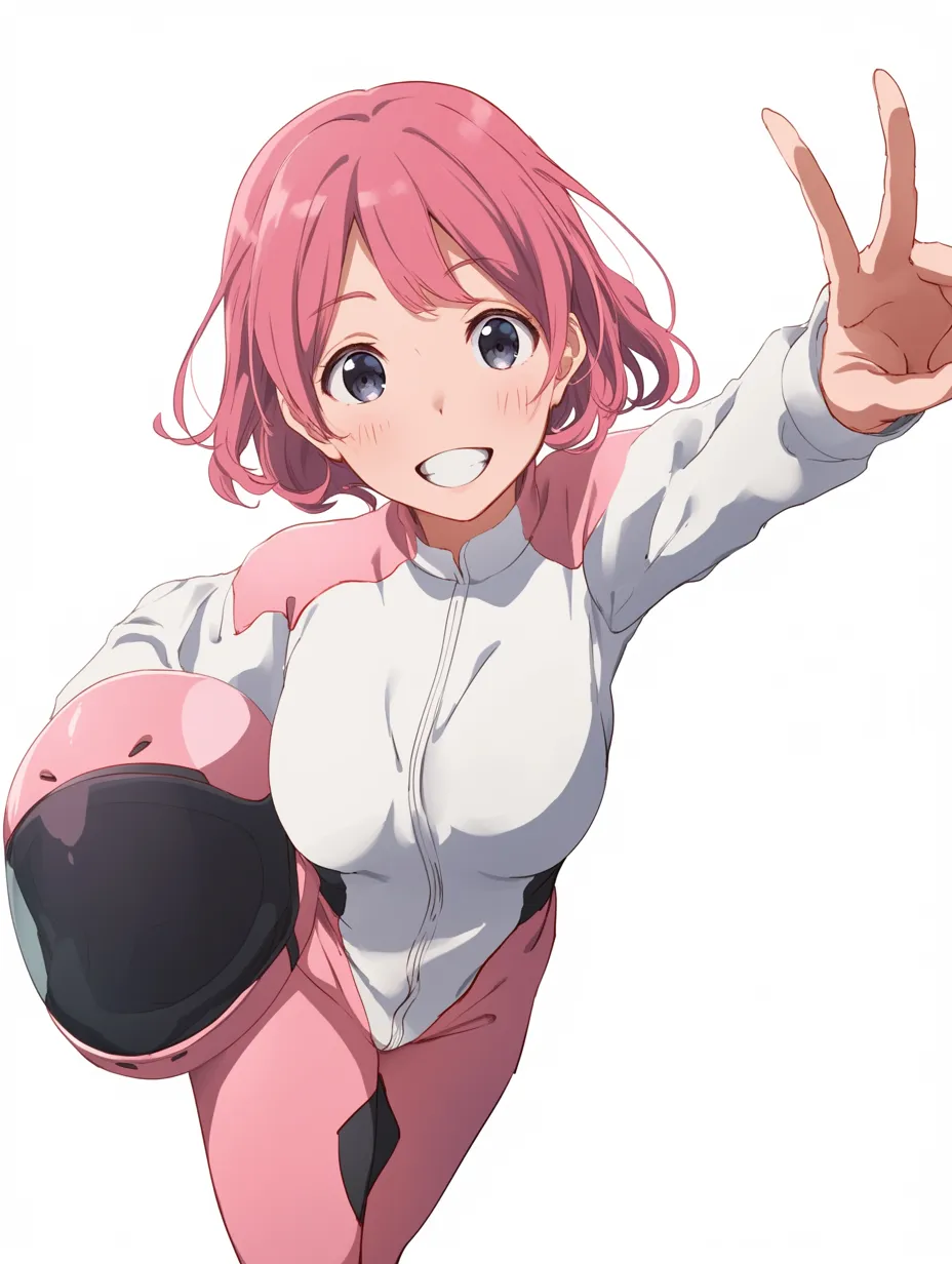 戦隊ヒロイン・笑顔のビクトリーポーズ｜ピンクのスーツとバイザー付きヘルメットを持った彼女が、笑顔でピースサイン。可愛らしさと元気さを併せ持つ「戦隊ヒロイン」のアイドル的存在。