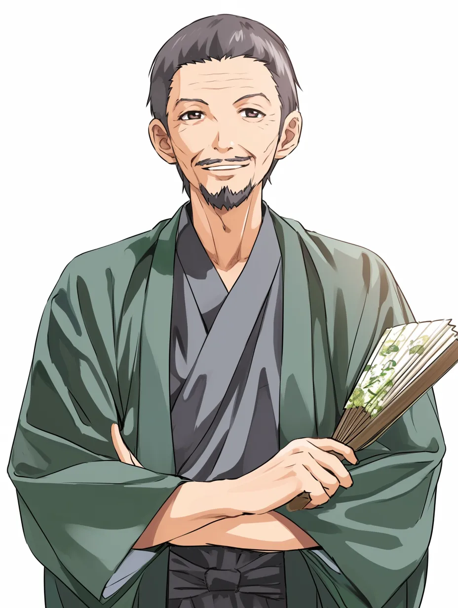 やくざ・穏やか微笑の古参親分｜落ち着いた表情と和装に品が漂う中年男性。団扇を手にする姿から、長年組を支えた包容力と威厳がにじむ。やくざの中でも人情味ある古参幹部の風格を表現。
